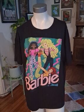 Barbie Black Tee with Pink, Yellow, Green & Red Graphic